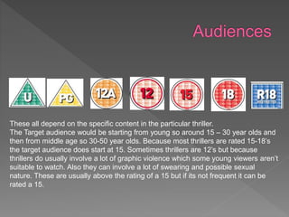 These all depend on the specific content in the particular thriller.
The Target audience would be starting from young so around 15 – 30 year olds and
then from middle age so 30-50 year olds. Because most thrillers are rated 15-18’s
the target audience does start at 15. Sometimes thrillers are 12’s but because
thrillers do usually involve a lot of graphic violence which some young viewers aren’t
suitable to watch. Also they can involve a lot of swearing and possible sexual
nature. These are usually above the rating of a 15 but if its not frequent it can be
rated a 15.
 