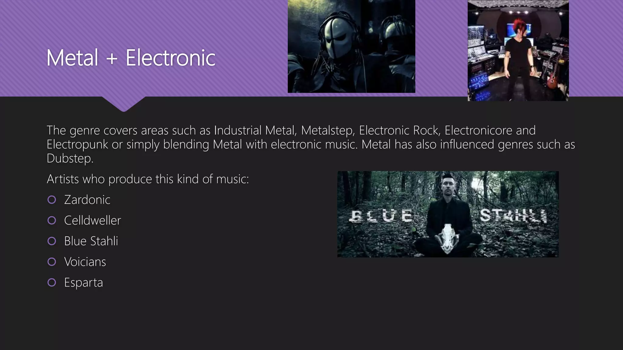 Metal + Electronic
The genre covers areas such as Industrial Metal, Metalstep, Electronic Rock, Electronicore and
Electropunk or simply blending Metal with electronic music. Metal has also influenced genres such as
Dubstep.
Artists who produce this kind of music:
 Zardonic
 Celldweller
 Blue Stahli
 Voicians
 Esparta
 