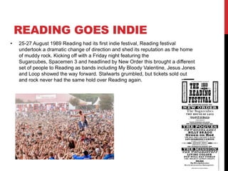 READING GOES INDIE
• 25-27 August 1989 Reading had its first indie festival, Reading festival
undertook a dramatic change of direction and shed its reputation as the home
of muddy rock. Kicking off with a Friday night featuring the
Sugarcubes, Spacemen 3 and headlined by New Order this brought a different
set of people to Reading as bands including My Bloody Valentine, Jesus Jones
and Loop showed the way forward. Stalwarts grumbled, but tickets sold out
and rock never had the same hold over Reading again.
 