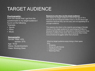 TARGET AUDIENCE
Psychographic:
From the results that I got from the
questionnaire to my target audience I
found out the following:
*Interests:
• Sports
• Films
• Music
Demographic
Gender: Male- 43%
women- 57%
Age: 18-32
Status: Student/workers
Class: Working Class
Reasons to why they are the target audience:
The reason my target audience is above the age of 18 is
because all psychological thrillers have a 18 and above age
restriction because they can be scary and not appealing for a
younger audience.
The reasons why there is the majority percentage of female
viewers in the target audience for psychological thrillers is
because females tend to be attracted to interesting story lines
that have conflicts of the mind, this is because they involve
more emotional struggles rather than physical.
What my target audience enjoy doing in their spare
time:
• Shopping
• Going out with friends
• Listening to music
• Watching Films
 