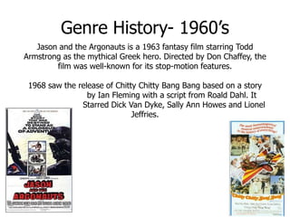 Genre History- 1960’s
   Jason and the Argonauts is a 1963 fantasy film starring Todd
Armstrong as the mythical Greek hero. Directed by Don Chaffey, the
        film was well-known for its stop-motion features.

 1968 saw the release of Chitty Chitty Bang Bang based on a story
                 by Ian Fleming with a script from Roald Dahl. It
               Starred Dick Van Dyke, Sally Ann Howes and Lionel
                              Jeffries.
 