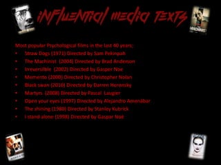 Most popular Psychological films in the last 40 years;
• Straw Dogs (1971) Directed by Sam Pekinpah
• The Machinist (2004) Directed by Brad Anderson
• Irreversilble (2002) Directed by Gasper Noe
• Memento (2000) Directed by Christopher Nolan
• Black swan (2010) Directed by Darren Horonsky
• Martyrs (2008) Directed by Pascal Laugier
• Open your eyes (1997) Directed by Alejandro Amenábar
• The shining (1980) Directed by Stanley Kubrick
• I stand alone (1998) Directed by Gaspar Noé
 