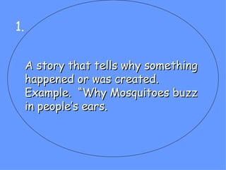 A story that tells why something happened or was created. Example.  “Why Mosquitoes buzz in people’s ears.  1. 
