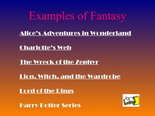 Examples of Fantasy Alice’s Adventures in Wonderland Charlotte’s Web The Wreck of the Zephyr Lion, Witch, and the Wardrobe Lord of the Rings Harry Potter Series 