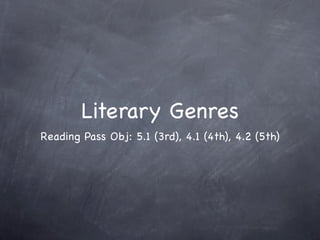 Literary Genres
Reading Pass Obj: 5.1 (3rd), 4.1 (4th), 4.2 (5th)
 