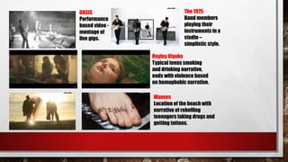 OASIS
Performance
based video -
montage of
live gigs.
Hayley Kiyoko
Typical teens smoking
and drinking narrative,
ends with violence based
on homophobic narrative.
The 1975
Band members
playing their
instruments in a
studio –
simplistic style.
Wavves
Location of the beach with
narrative of rebelling
teenagers taking drugs and
getting tattoos.
 
