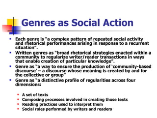 Genres as Social Action ,[object Object],[object Object],[object Object],[object Object],[object Object],[object Object],[object Object],[object Object]