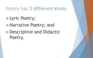 Lyric Poetry
 Is a comparatively short, non-narrative poem in which a single
speaker presents a state of mind or an emoti...