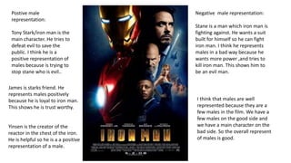Postive male
representation:
Tony Stark/iron man is the
main character. He tries to
defeat evil to save the
public. I think he is a
positive representation of
males because is trying to
stop stane who is evil..
Negative male representation:
Stane is a man which iron man is
fighting against. He wants a suit
built for himself so he can fight
iron man. I think he represents
males in a bad way because he
wants more power ,and tries to
kill iron man. This shows him to
be an evil man.
James is starks friend. He
represents males positively
because he is loyal to iron man.
This shows he is trust worthy.
Yinsen is the creator of the
reactor in the chest of the iron.
He is helpful so he is a a positive
representation of a male.
I think that males are well
represented because they are a
few males in the film. We have a
few males on the good side and
we have a main character on the
bad side. So the overall represent
of males is good.
 