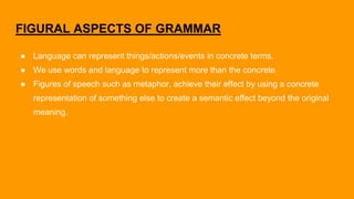 FIGURAL ASPECTS OF GRAMMAR
● Language can represent things/actions/events in concrete terms.
● We use words and language to represent more than the concrete.
● Figures of speech such as metaphor, achieve their effect by using a concrete
representation of something else to create a semantic effect beyond the original
meaning.
 