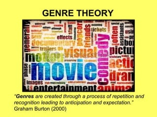 “Genres are created through a process of repetition and
recognition leading to anticipation and expectation.”
Graham Burton (2000)
GENRE THEORY
 