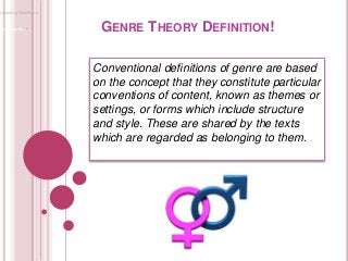 Upcoming SlideShare
Loading in...5
×
GENRE THEORY DEFINITION!
Conventional definitions of genre are based
on the concept t...