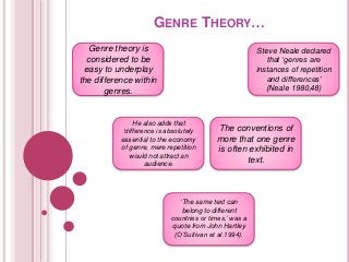GENRE THEORY…
Genre theory is
considered to be
easy to underplay
the difference within
genres.
Steve Neale declared
that ‘...