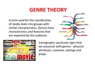 GENRE THEORY
A term used for the classification
of media texts into groups with
similar characteristics. Genres have
characteristics and features that
are expected by the audience
Iconography: particular signs that
we associate with genres - physical
attributes, costume, settings and
props
 
