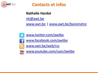 Contacts et infos
Nathalie Hardat
nh@awt.be
www.awt.be | www.awt.be/barometre

www.twitter.com/awtbe
www.facebook.com/awtbe
www.awt.be/web/rss
www.youtube.com/user/awtbe
 