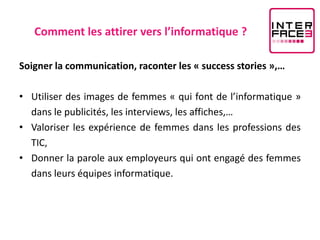 Comment les attirer vers l’informatique ?

Soigner la communication, raconter les « success stories »,…

• Utiliser des images de femmes « qui font de l’informatique »
  dans le publicités, les interviews, les affiches,…
• Valoriser les expérience de femmes dans les professions des
  TIC,
• Donner la parole aux employeurs qui ont engagé des femmes
  dans leurs équipes informatique.
 