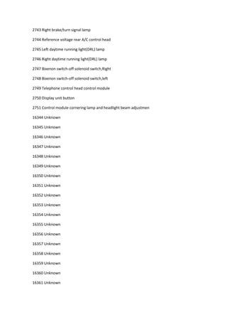 2743 Right brake/turn signal lamp
2744 Reference voltage rear A/C control head
2745 Left daytime running light(DRL) lamp
2746 Right daytime running light(DRL) lamp
2747 Bixenon switch-off solenoid switch,Right
2748 Bixenon switch-off solenoid switch,left
2749 Telephone control head control module
2750 Display unit button
2751 Control module cornering lamp and headlight beam adjustmen
16344 Unknown
16345 Unknown
16346 Unknown
16347 Unknown
16348 Unknown
16349 Unknown
16350 Unknown
16351 Unknown
16352 Unknown
16353 Unknown
16354 Unknown
16355 Unknown
16356 Unknown
16357 Unknown
16358 Unknown
16359 Unknown
16360 Unknown
16361 Unknown
 