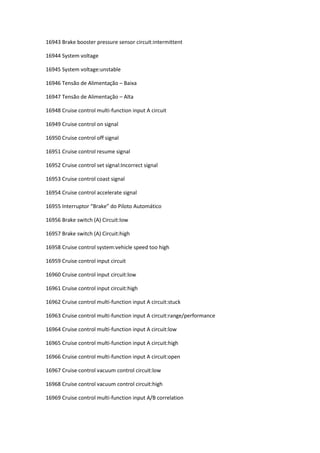 16943 Brake booster pressure sensor circuit:intermittent
16944 System voltage
16945 System voltage:unstable
16946 Tensão de Alimentação – Baixa
16947 Tensão de Alimentação – Alta
16948 Cruise control multi-function input A circuit
16949 Cruise control on signal
16950 Cruise control off signal
16951 Cruise control resume signal
16952 Cruise control set signal:Incorrect signal
16953 Cruise control coast signal
16954 Cruise control accelerate signal
16955 Interruptor “Brake” do Piloto Automático
16956 Brake switch (A) Circuit:low
16957 Brake switch (A) Circuit:high
16958 Cruise control system:vehicle speed too high
16959 Cruise control input circuit
16960 Cruise control input circuit:low
16961 Cruise control input circuit:high
16962 Cruise control multi-function input A circuit:stuck
16963 Cruise control multi-function input A circuit:range/performance
16964 Cruise control multi-function input A circuit:low
16965 Cruise control multi-function input A circuit:high
16966 Cruise control multi-function input A circuit:open
16967 Cruise control vacuum control circuit:low
16968 Cruise control vacuum control circuit:high
16969 Cruise control multi-function input A/B correlation
 