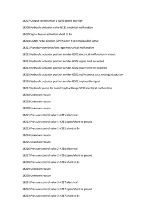 18207 Output speed sensor 2-G196:speed too high
18208 Hydraulic Actuator valve-N331:electrical malfunction
18209 Signal buzzer activation:short to B+
18210 Clutch Pedal position (CPP)Switch-F194:implausible signal
18211 Planetary overdrive/low rage:mechanical malfunction
18212 Hydraulic actuator position sender-G302:electrical malfunciton in circuit
18213 Hydraulic actuator position sender-G302:upper limit exceeded
18214 Hydraulic actuator position sender-G302:lower limit not reached
18215 Hydraulic actuator position sender-G302:no/incorrect basic setting/adaptation
18216 Hydraulic actuator position sender-G302:implausible signal
18217 Hydraulic pump for overdrive/low Range-V190:electrical malfunction
18218 Unknown:reason
18219 Unknown:reason
18220 Unknown:reason
18221 Pressure control valve 1-N215:electrical
18222 Pressure control valve 1-N215:open/short to ground
18223 Pressure control valve 1-N215:short to B+
18224 Unknown:reason
18225 Unknown:reason
18226 Pressure control valve 2-N216:electrical
18227 Pressure control valve 2-N216:open/short to ground
18228 Pressure control valve 2-N216:short to B+
18229 Unknown:reason
18230 Unknown:reason
18231 Pressure control valve 3-N217:electrical
18232 Pressure control valve 3-N217:open/short to ground
18233 Pressure control valve 3-N217:short to B+
 