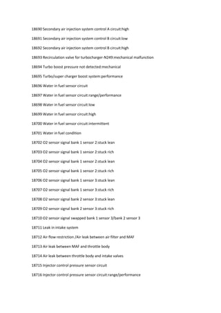 18690 Secondary air injection system control A circuit:high
18691 Secondary air injection system control B circuit:low
18692 Secondary air injection system control B circuit:high
18693 Recirculation valve for turbocharger-N249:mechanical malfunction
18694 Turbo boost pressure not detected:mechanical
18695 Turbo/super charger boost system:performance
18696 Water in fuel sensor circuit
18697 Water in fuel sensor circuit:range/performance
18698 Water in fuel sensor circuit:low
18699 Water in fuel sensor circuit:high
18700 Water in fuel sensor circuit:intermittent
18701 Water in fuel condition
18702 O2 sensor signal bank 1 sensor 2:stuck lean
18703 O2 sensor signal bank 1 sensor 2:stuck rich
18704 O2 sensor signal bank 1 sensor 2:stuck lean
18705 O2 sensor signal bank 1 sensor 2:stuck rich
18706 O2 sensor signal bank 1 sensor 3:stuck lean
18707 O2 sensor signal bank 1 sensor 3:stuck rich
18708 O2 sensor signal bank 2 sensor 3:stuck lean
18709 O2 sensor signal bank 2 sensor 3:stuck rich
18710 O2 sensor signal swapped bank 1 sensor 3/bank 2 sensor 3
18711 Leak in intake system
18712 Air flow restriction /Air leak between air filter and MAF
18713 Air leak between MAF and throttle body
18714 Air leak between throttle body and intake valves
18715 Injector control pressure sensor circuit
18716 Injector control pressure sensor circuit:range/performance
 