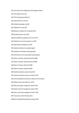 822 Connection from Digital Sound Package to Radio
823 Line Output from Left
824 TCS warning lamp-k86 TCS
825 Heated driver’s seat-Z6
826 Heated passenger seat-Z8
827 Radiator fan relay-J26
828 Relay for radiator fan 3rd speed-J135
829 Heating control unit-J162
830 Convertible top operation ctrl unit-J2-56
831 Radiator fan ctrl unit speeds 1+2-J293
832 Operating and display unit-E87
833 Heated windscreen actuating signal
834 Heated rear window actuating signal
835 Connection to CU,convertible top operation
836 Valve 1 for gear selection,forward-N284
837 Valve 2 for gear selection,reverse-N285
838 Valve 3 for gear selection-N286
839 Valve 4 for gear selection-N287
840 Gearbox hydraulic pump relay-J510
841 Gearbox hydraulic pressure sender-G270
842 Control Module for Electronic Manual Transmission
843 Selector lever poti.fwd./rev.-G272
844 Selec.lever gate recognition switch-F257
845 Selector lever N recognition switch-F258
846 Selec. lever Stop recognition switch-F259
847 Consumer switch-off relay-J511
848 Direct-shift gearbox hydraulic pump-E262
 