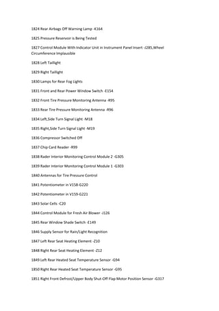 1824 Rear Airbags Off Warning Lamp -K164
1825 Pressure Reservoir is Being Tested
1827 Control Module With Indicator Unit in Instrument Panel Insert -J285,Wheel
Circumference Implausible
1828 Left Taillight
1829 Right Taillight
1830 Lamps for Rear Fog Lights
1831 Front and Rear Power Window Switch -E154
1832 Front Tire Pressure Monitoring Antenna -R95
1833 Rear Tire Pressure Monitoring Antenna -R96
1834 Left,Side Turn Signal Light -M18
1835 Right,Side Turn Signal Light -M19
1836 Compressor Switched Off
1837 Chip Card Reader -R99
1838 Rader Interior Monitoring Control Module 2 -G305
1839 Rader Interior Monitoring Control Module 1 -G303
1840 Antennas for Tire Pressure Control
1841 Potentiometer in V158-G220
1842 Potentiometer in V159-G221
1843 Solar Cells -C20
1844 Control Module for Fresh Air Blower -J126
1845 Rear Window Shade Switch -E149
1846 Supply Sensor for Rain/Light Recognition
1847 Left Rear Seat Heating Element -Z10
1848 Right Rear Seat Heating Element -Z12
1849 Left Rear Heated Seat Temperature Sensor -G94
1850 Right Rear Heated Seat Temperature Sensor -G95
1851 Right Front Defrost/Upper Body Shut-Off Flap Motor Position Sensor -G317
 
