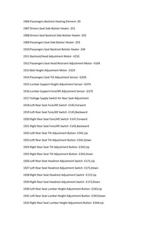 1906 Passengers Backrest Heating Element -Z9
1907 Drivers Seat Side Bolster Heater -Z31
1908 Drivers Seat Backrest Side Bolster Heater -Z32
1909 Passengers Seat Side Bolster Heater -Z33
1910 Passengers Seat Backrest Bolster Heater -Z34
1911 Backrest/Head Adjustment Motor -V232
1912 Passengers Seat Head Restraint Adjustment Motor -V104
1913 Belt Height Adjustment Motor -V233
1914 Passengers Seat Tilt Adjustment Sensor -G359
1915 Lumbar Support Height Adjustment Sensor -G374
1916 Lumbar Support Fore/Aft Adjustment Sensor -G375
1917 Voltage Supply Switch for Rear Seat Adjustment
1918 Left Rear Seat Fore/Aft Switch -E145,Forward
1919 Left Rear Seat Fore/Aft Switch -E145,Backward
1920 Right Rear Seat Fore/Aft Switch -E147,Forward
1921 Right Rear Seat Fore/Aft Switch -E145,Backward
1922 Left Rear Seat Tilt Adjustment Button -E341,Up
1923 Left Rear Seat Tilt Adjustment Button -E341,Down
1924 Right Rear Seat Tilt Adjustment Button -E342,Up
1925 Right Rear Seat Tilt Adjustment Button -E342,Down
1926 Left Rear Seat Headrest Adjustment Switch -E171,Up
1927 Left Rear Seat Headrest Adjustment Switch -E171,Down
1928 Right Rear Seat Headrest Adjustment Switch -E172,Up
1929 Right Rear Seat Headrest Adjustment Switch -E172,Down
1930 Left Rear Seat Lumbar Height Adjustment Button -E343,Up
1931 Left Rear Seat Lumbar Height Adjustment Button -E343,Down
1932 Right Rear Seat Lumbar Height Adjustment Button -E344,Up
 