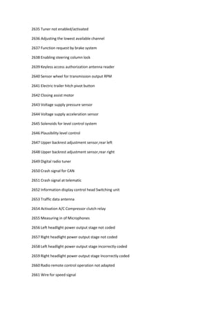 2635 Tuner not enabled/activated
2636 Adjusting the lowest available channel
2637 Function request by brake system
2638 Enabling steering column lock
2639 Keyless access authorization antenna reader
2640 Sensor wheel for transmission output RPM
2641 Electric trailer hitch pivot button
2642 Closing assist motor
2643 Voltage supply pressure sensor
2644 Voltage supply acceleration sensor
2645 Solenoids for level control system
2646 Plausibility level control
2647 Upper backrest adjustment sensor,rear left
2648 Upper backrest adjustment sensor,rear right
2649 Digital radio tuner
2650 Crash signal for CAN
2651 Crash signal at telematic
2652 Information display control head Switching unit
2653 Traffic data antenna
2654 Activation A/C Compressor clutch relay
2655 Measuring in of Microphones
2656 Left headlight power output stage not coded
2657 Right headlight power output stage not coded
2658 Left headlight power output stage incorrectly coded
2659 Right headlight power output stage Incorrectly coded
2660 Radio remote control operation not adapted
2661 Wire for speed signal
 