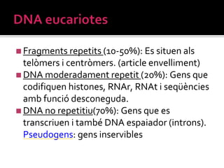 ◼Fragments repetits (10-50%): Es situen als
telòmers i centròmers. (article envelliment)
◼DNA moderadament repetit (20%): Gens que
codifiquen histones, RNAr, RNAt i seqüències
amb funció desconeguda.
◼DNA no repetitiu(70%): Gens que es
transcriuen i també DNA espaiador (introns).
Pseudogens: gens inservibles
 