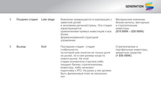 5 Поздняя стадия Late stage Компания превращается в корпорацию с
заметной долей
в экономике региона/страны. Эта стадия
характеризуется
привлечением прямых инвестиций и все
более
формализованной структурой
управления.
Материнские компании,
бизнес-ангелы, венчурные
и стратегические
инвесторы
($10 000K – $20 000K)
6 Выход Exit Последняя стадия - стадия
стабильности,
на которой уже понятна не только доля
на рынке, но и сам размер когда-то
нового рынка. На этой
стадии основатели стартапа либо
продают бизнес стратегическому
инвестору, либо начинают
подготовку к IPO. На руках у них должен
быть финансовый план за несколько
лет.
Стратегические и
портфельные инвесторы,
кредитные средства
(> $50 000K)
 