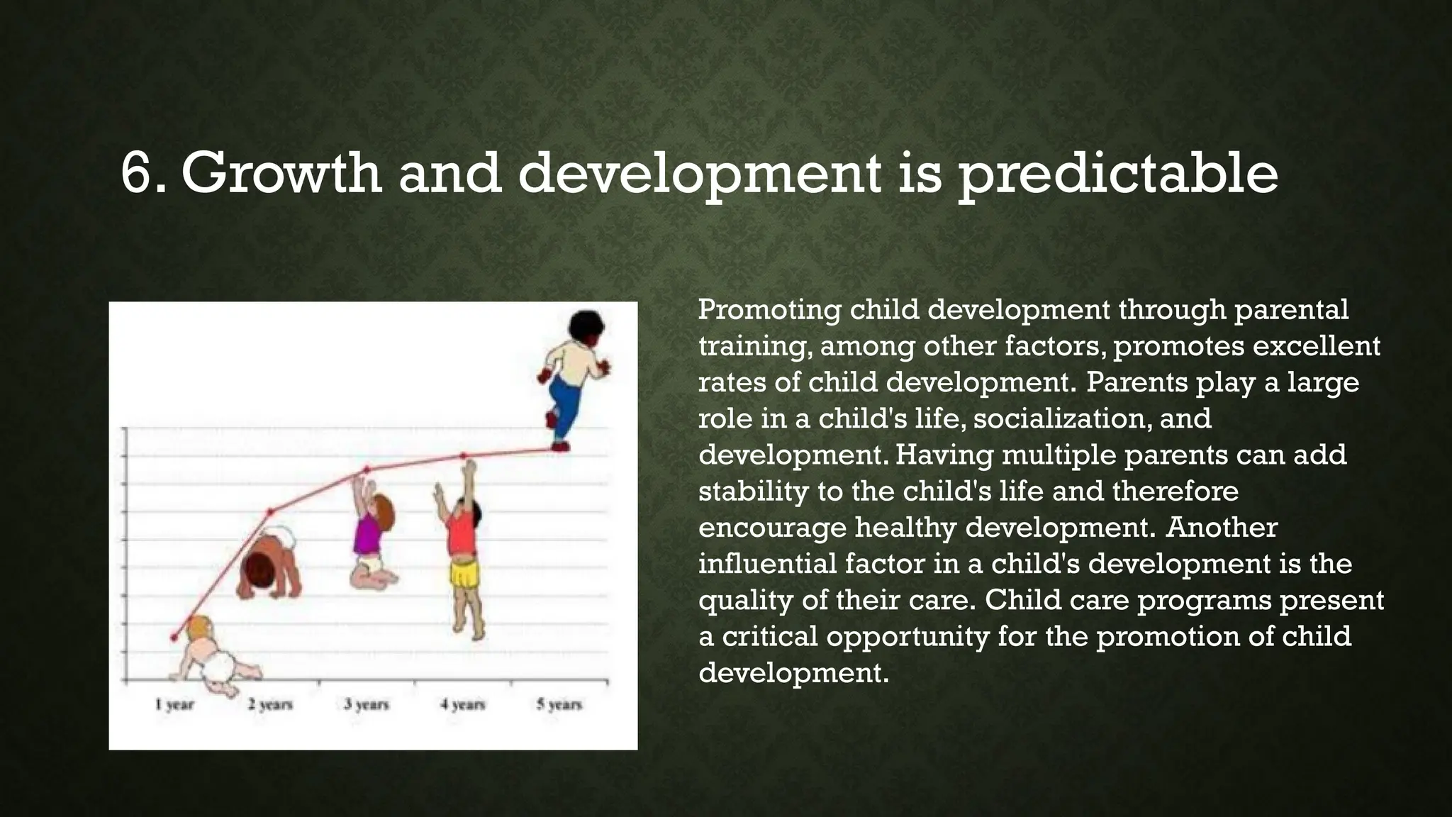 6. Growth and development is predictable
Promoting child development through parental
training, among other factors, promotes excellent
rates of child development. Parents play a large
role in a child's life, socialization, and
development. Having multiple parents can add
stability to the child's life and therefore
encourage healthy development. Another
influential factor in a child's development is the
quality of their care. Child care programs present
a critical opportunity for the promotion of child
development.
 