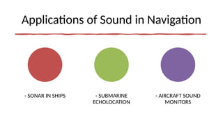 Applications of Sound in Navigation
- SONAR IN SHIPS - SUBMARINE
ECHOLOCATION
- AIRCRAFT SOUND
MONITORS
 