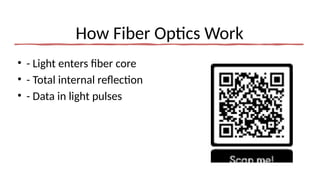 How Fiber Optics Work
• - Light enters fiber core
• - Total internal reflection
• - Data in light pulses
 