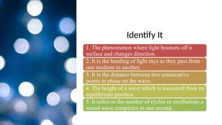 Identify It
1. The phenomenon where light bounces off a
surface and changes direction.
2. It is the bending of light rays as they pass from
one medium to another.
3. It is the distance between two consecutive
points in phase on the wave.
4. The height of a wave which is measured from its
equilibrium position.
5. It refers to the number of cycles or oscillations a
sound wave completes in one second.
 