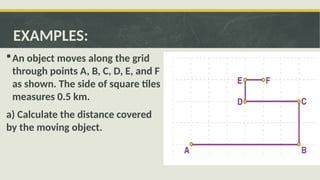 EXAMPLES:
An object moves along the grid
through points A, B, C, D, E, and F
as shown. The side of square tiles
measures 0.5 km.
a) Calculate the distance covered
by the moving object.
 