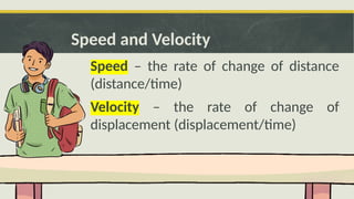 Speed and Velocity
Speed – the rate of change of distance
(distance/time)
Velocity – the rate of change of
displacement (displacement/time)
 
