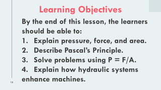 13
Learning Objectives
By the end of this lesson, the learners
should be able to:
1. Explain pressure, force, and area.
2. Describe Pascal’s Principle.
3. Solve problems using P = F/A.
4. Explain how hydraulic systems
enhance machines.
 