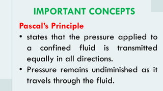 Pascal’s Principle
• states that the pressure applied to
a confined fluid is transmitted
equally in all directions.
• Pressure remains undiminished as it
travels through the fluid.
IMPORTANT CONCEPTS
 