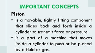 Piston
• is a movable, tightly fitting component
that slides back and forth inside a
cylinder to transmit force or pressure.
• is a part of a machine that moves
inside a cylinder to push or be pushed
by a fluid or gas.
IMPORTANT CONCEPTS
 