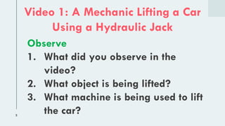 3
Video 1: A Mechanic Lifting a Car
Using a Hydraulic Jack
Observe
1. What did you observe in the
video?
2. What object is being lifted?
3. What machine is being used to lift
the car?
 