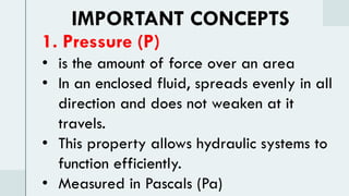 IMPORTANT CONCEPTS
1. Pressure (P)
• is the amount of force over an area
• In an enclosed fluid, spreads evenly in all
direction and does not weaken at it
travels.
• This property allows hydraulic systems to
function efficiently.
• Measured in Pascals (Pa)
 