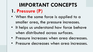 IMPORTANT CONCEPTS
1. Pressure (P)
• When the same force is applied to a
smaller area, the pressure increases.
• It helps us understand how force behave
when distributed across surfaces.
• Pressure increases when area decreases.
• Pressure decreases when area increases.
 