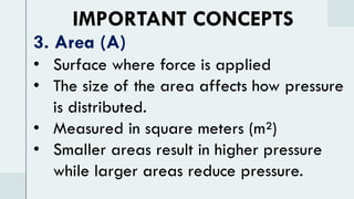 IMPORTANT CONCEPTS
3. Area (A)
• Surface where force is applied
• The size of the area affects how pressure
is distributed.
• Measured in square meters (m²)
• Smaller areas result in higher pressure
while larger areas reduce pressure.
 