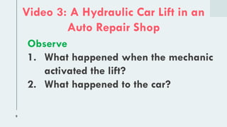 9
Video 3: A Hydraulic Car Lift in an
Auto Repair Shop
Observe
1. What happened when the mechanic
activated the lift?
2. What happened to the car?
 