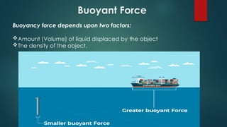 Buoyant Force
Buoyancy force depends upon two factors:
Amount (Volume) of liquid displaced by the object
The density of the object.
 