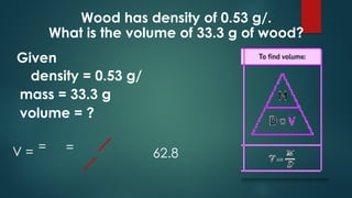 Wood has density of 0.53 g/.
What is the volume of 33.3 g of wood?
Given
density = 0.53 g/
mass = 33.3 g
volume = ?
=
V = = 62.8
 