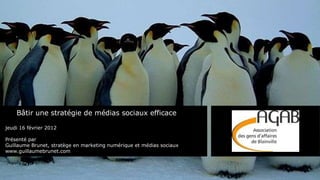 Bâtir une stratégie de médias sociaux efficace jeudi 16 février 2012 Présenté par  Guillaume Brunet, stratège en marketing numérique et médias sociaux www.guillaumebrunet.com 