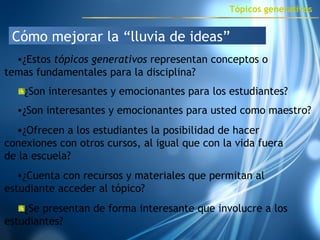 ¿Estos  tópicos   generativos  representan conceptos o temas fundamentales para la disciplina?  Cómo mejorar la “lluvia de ideas” ¿Son interesantes y emocionantes para los estudiantes?  ¿Se presentan de forma interesante que involucre a los estudiantes? ¿Son interesantes y emocionantes para usted como maestro?   ¿Ofrecen a los estudiantes la posibilidad de hacer conexiones con otros cursos, al igual que con la vida fuera de la escuela?   ¿Cuenta con recursos y materiales que permitan al estudiante acceder al tópico?   Tópicos generativos 