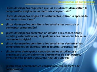 ¿ Estos desempeños requieren que los estudiantes demuestren la comprensión exigida en las  metas de comprensión ?  ¿ Estos desempeños exigen a los estudiantes utilizar lo aprendido en nuevas situaciones?  ¿Estos desempeños permiten a los estudiantes construir y demostrar comprensión? ¿Estos desempeños presentan un desafío a las concepciones erradas y estereotipadas, al igual que a las tendencias hacia un pensamiento rígido? ¿Estos desempeños permiten a los estudiantes demostrar sus comprensiones en diversas formas (escrita, artística, etc.)?  ¿Están estos desempeños centrados en los estudiantes y organizados secuencialmente:  desempeños de exploración ,  investigación guiada  y  proyecto final de síntesis ? ¿Están estos desempeños en congruencia con las  metas   de   comprensión ? Desempeños de comprensión 