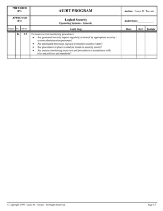 PREPARED
BY: AUDIT PROGRAM Author: Lance M. Turcato
APPROVED
BY: Logical Security
Operating Systems - Generic
Audit Date:____________
Assigned Sec. Sub-Sec. Audit Step Date Ref. Initials
© Copyright 1999. Lance M. Turcato. All Rights Reserved. Page 15
G 3.2 Evaluate current monitoring procedures:
 Are generated security reports regularly reviewed by appropriate security /
system administration personnel.
 Are automated processes in place to monitor security events?
 Are procedures in place to analyze trends in security events?
 Are current monitoring processes and procedures in compliance with
relevant policies and standards?
 